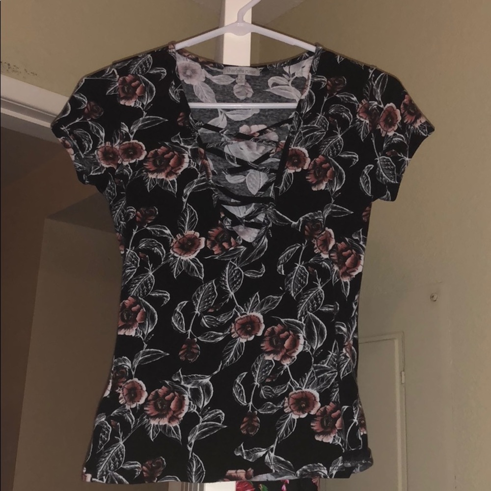 Black floral criss cross top